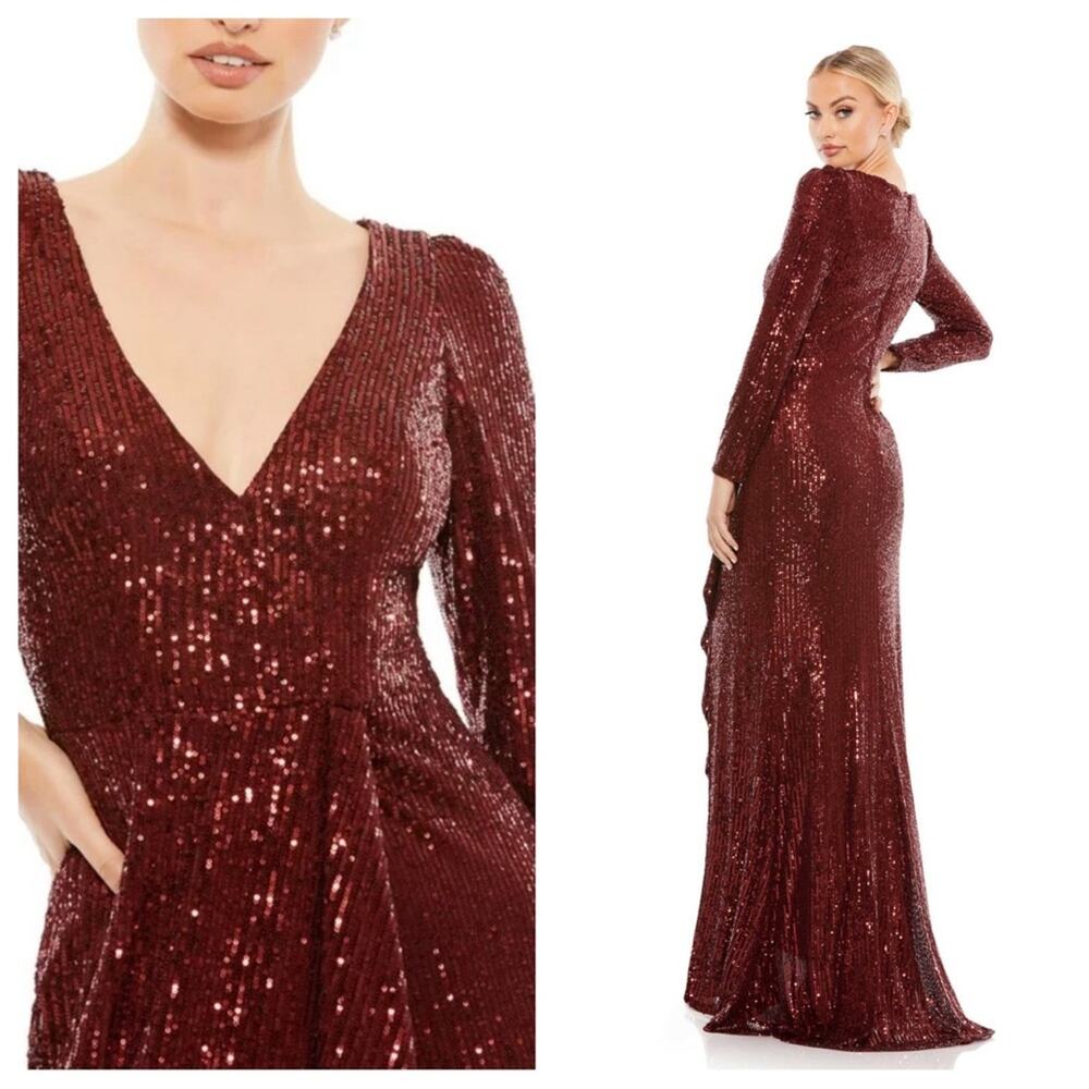 NWT IEENA for MAC DUGGAL Wine Long Sleeve Sequin Faux Wrap Gown Women’s